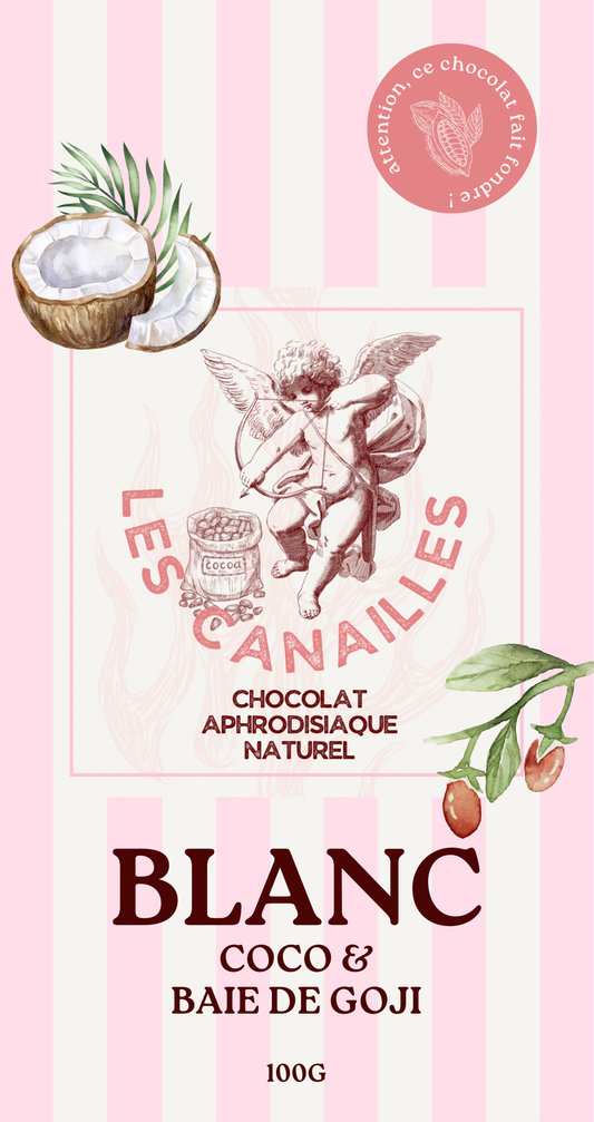 Chocolat aphrodisiaque, Blanc, coco & baie de Goji - Les Canailles - Crée par Audace